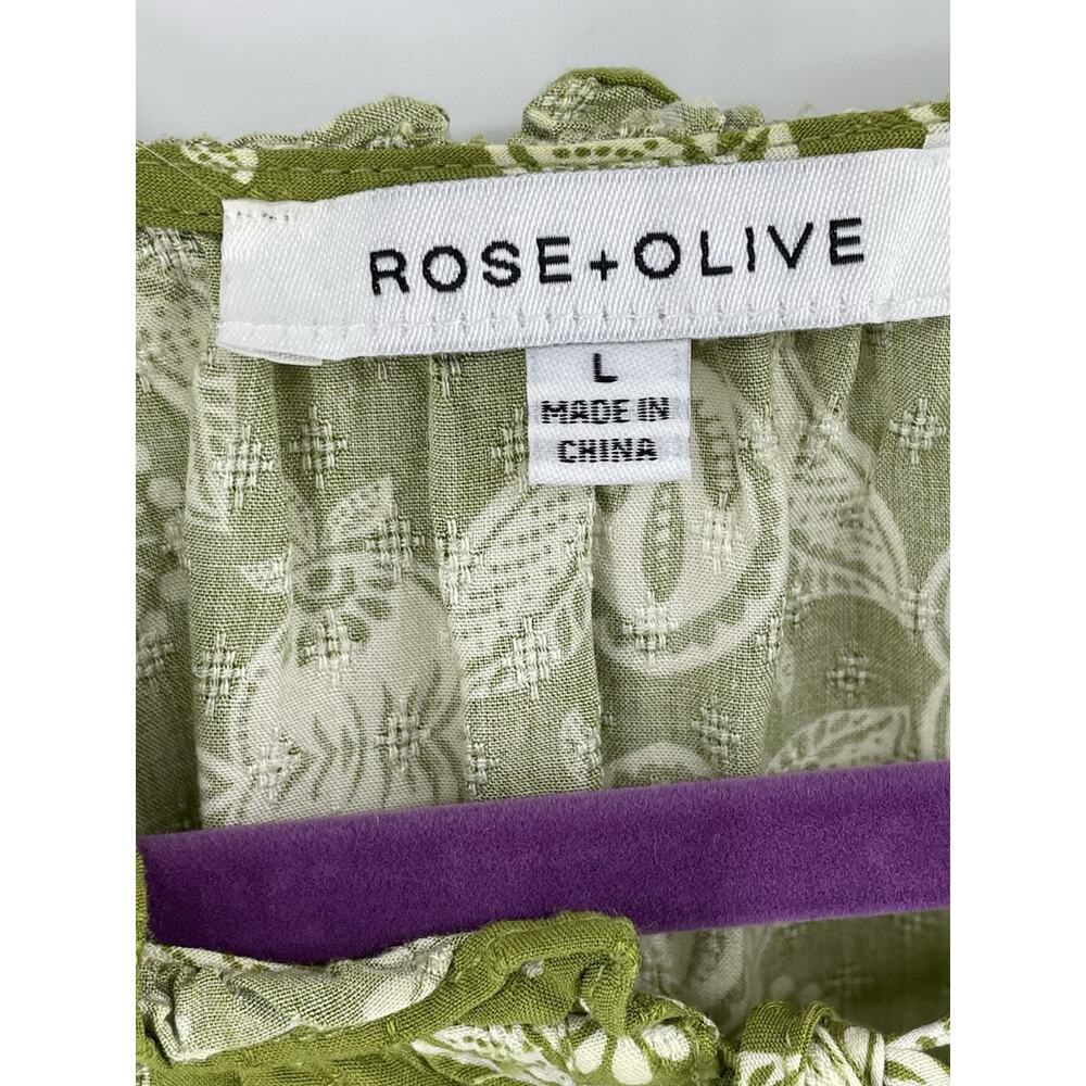 Rose + Olive Shirt Womens L White Green Blouse Floral Tassels Flutter Sleeve Top - Picture 2 of 6
